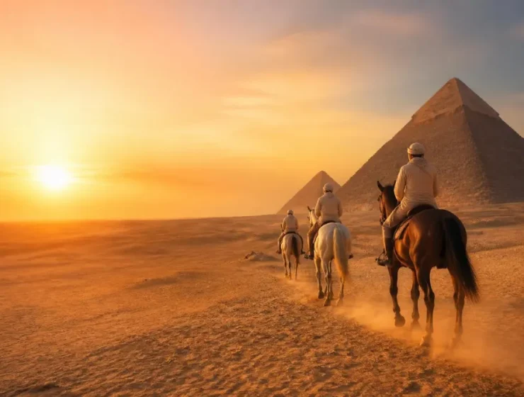 Paseo a caballo frente a las Pirámides de Giza al amanecer