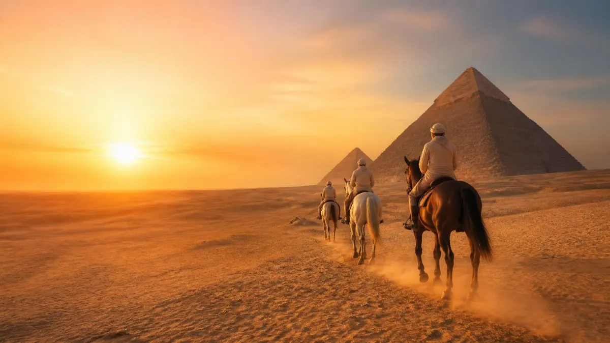Paseo a caballo frente a las Pirámides de Giza al amanecer